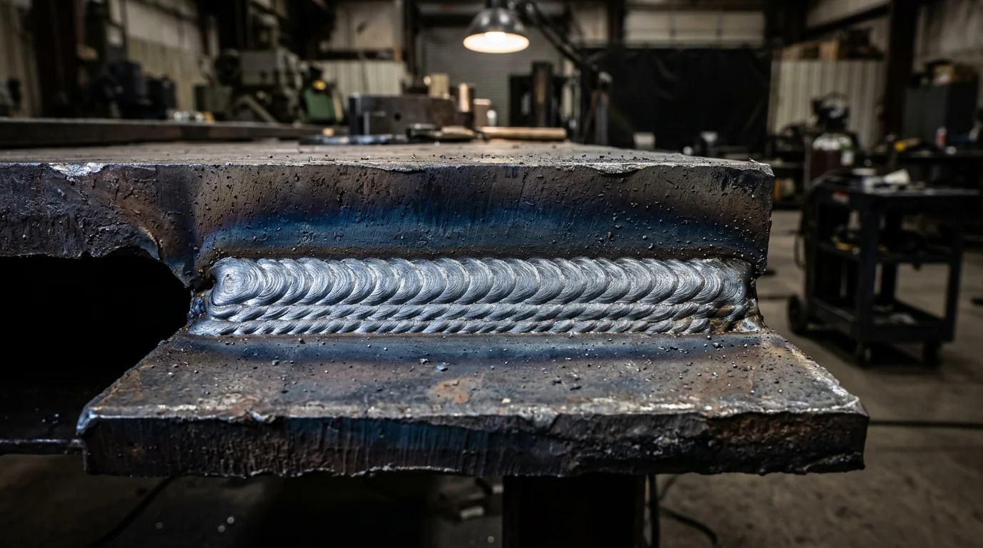 Solda multicamadas robusta em chapa de metal espessa, exibindo cordões em forma de escama em ambiente industrial.