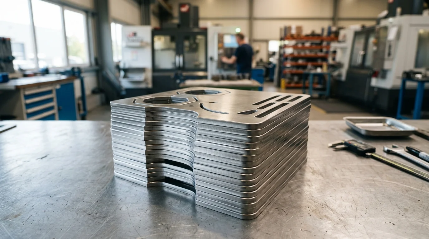 Pilha de chapas de inox cortadas a laser com furos e recortes, dispostas em bancada de metal de oficina industrial.