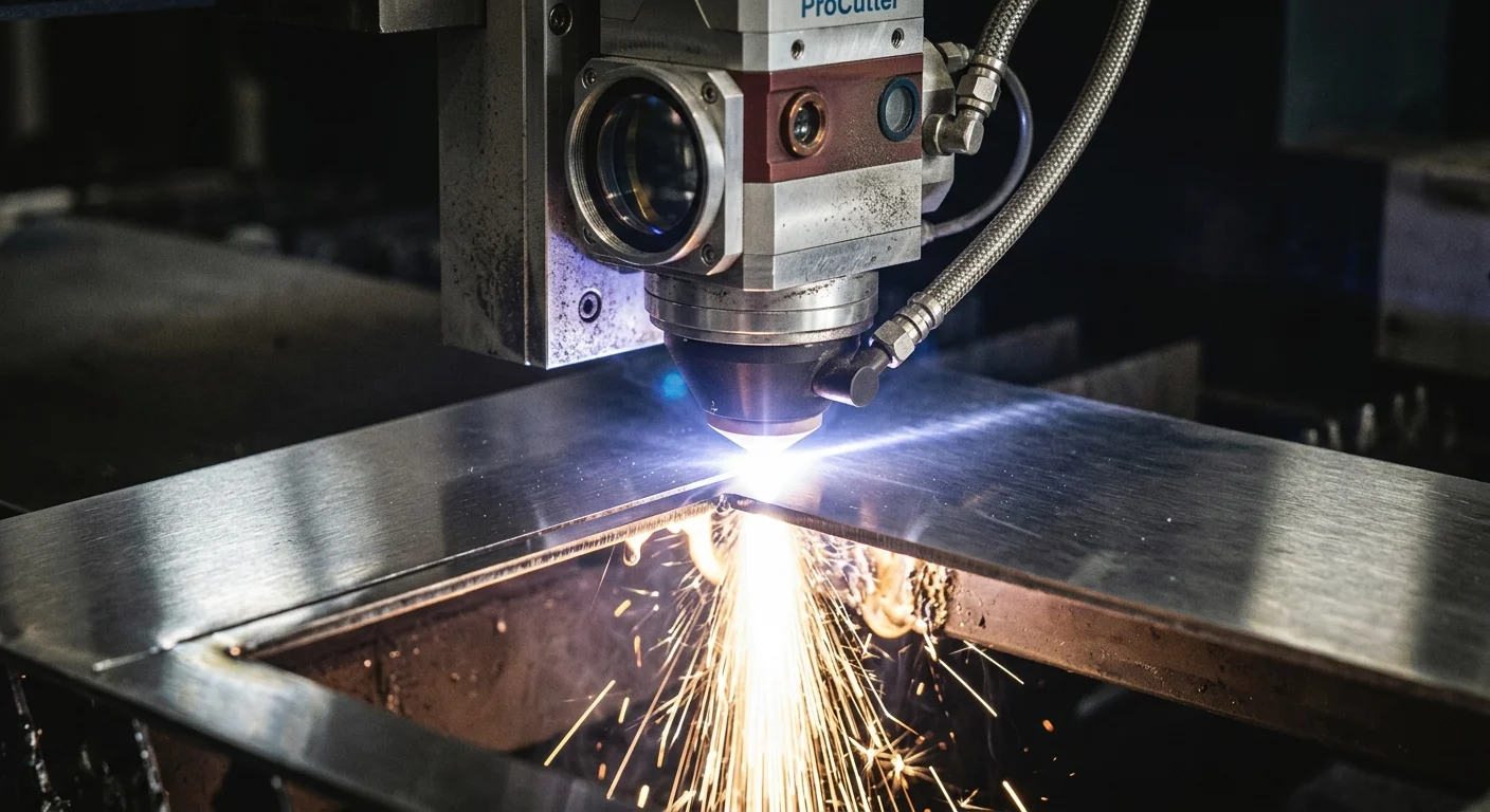 Cabeçote de corte a laser ProCutter trabalhando em chapa metálica escovada, com feixe luminoso e faíscas.
