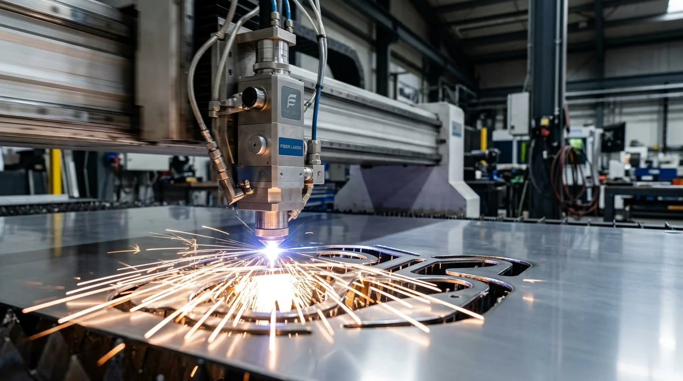 Máquina de corte a laser de fibra processando chapa metálica com intensa liberação de faíscas, criando formas industriais.