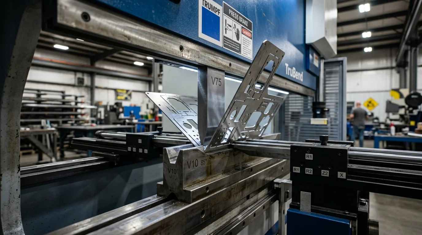 Prensa dobradeira TruBend da TRUMPF em ação, dobrando uma chapa metálica com cortes a laser detalhados em ambiente industrial.