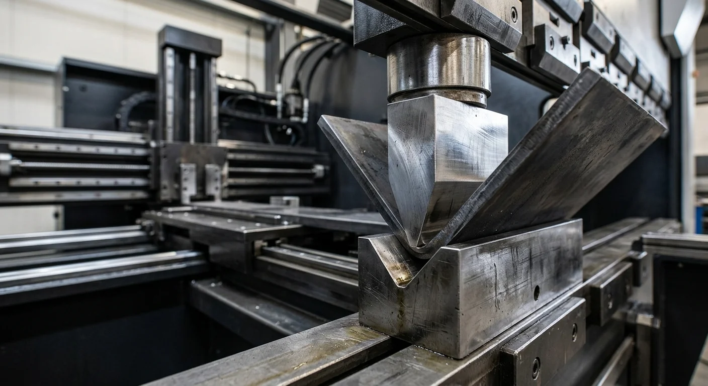 Dobradeira CNC industrial dobrando chapa metálica escura. Punção e matriz formam a peça em V.
