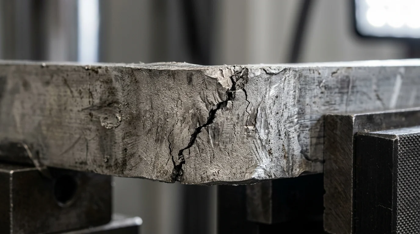 Bloco de alumínio bruto com trinca profunda na face, em cenário industrial de testes de materiais.
