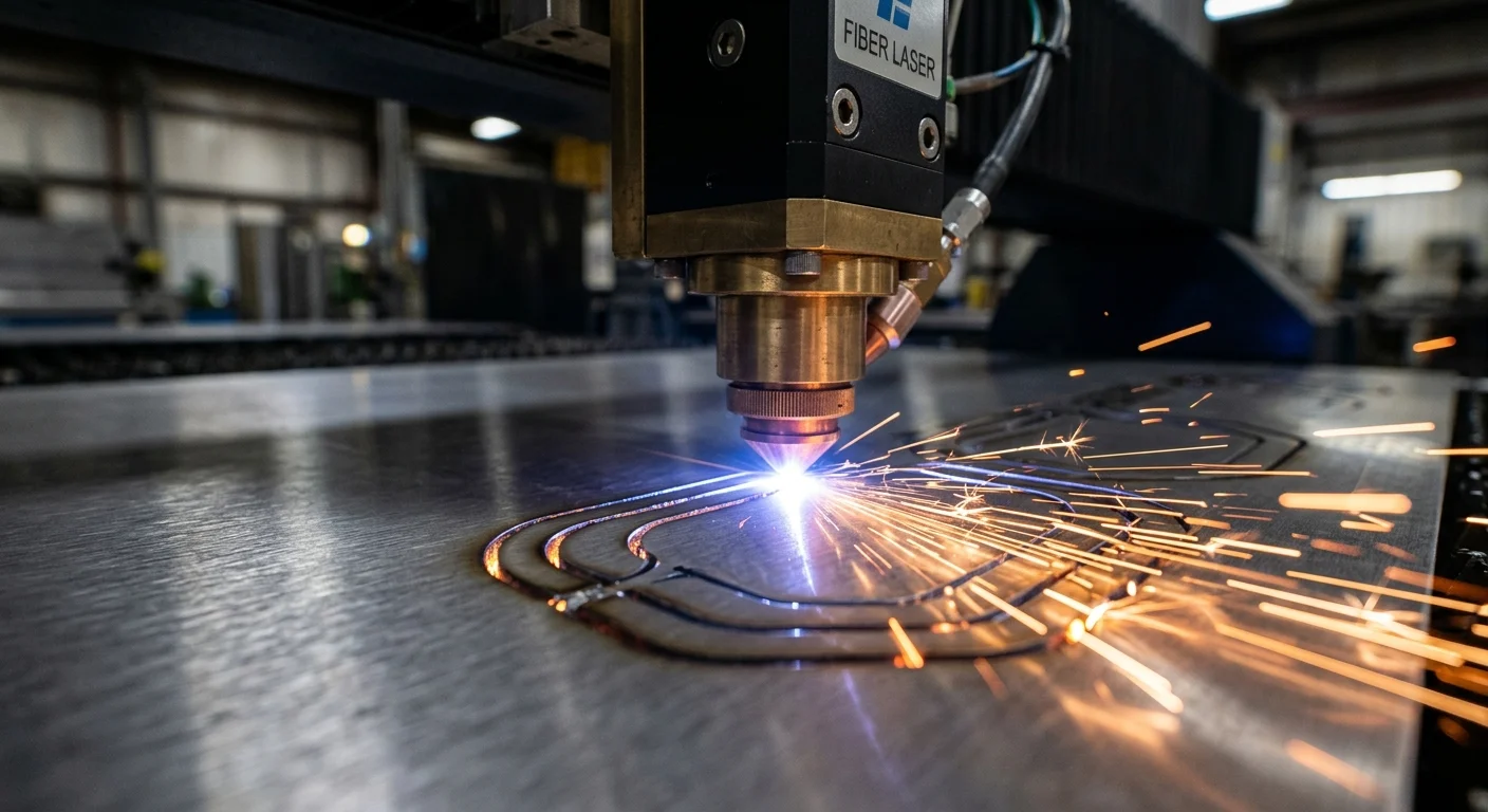 Cabeçote Fiber Laser cortando chapa metálica com feixe luminoso intenso e faíscas em ambiente fabril.