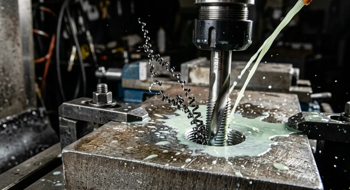 Usinagem de roscas em bloco de metal com ferramenta CNC, refrigerante e cavacos em espiral.