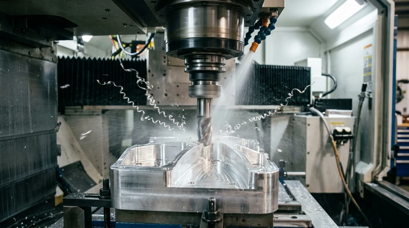 Máquina fresadora CNC usinando peça de alumínio, com fluido de corte e cavacos metálicos dispersos.