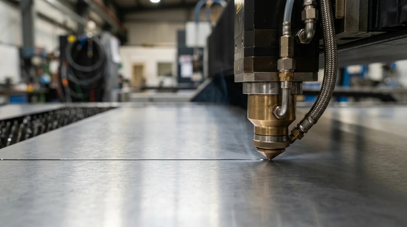 Cabeça de corte a laser industrial de metais sobre chapa metálica, com um corte linear e ponto de luz ativo na ponta.