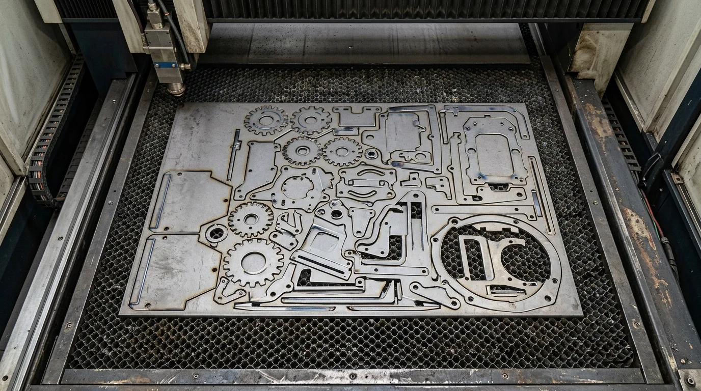 Chapa de metal com peças industriais cortadas a laser, como engrenagens e suportes, na mesa de colmeia de uma máquina.