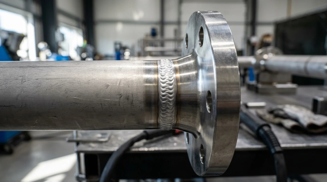 Tubo de inox com flange soldado, mostrando cordão de solda TIG em mesa de trabalho de caldeiraria.