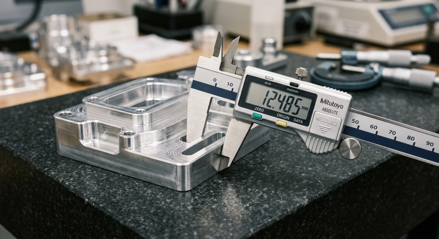 Paquímetro digital Mitutoyo exibe 12.485 mm ao medir peça metálica usinada de precisão sobre superfície de granito.