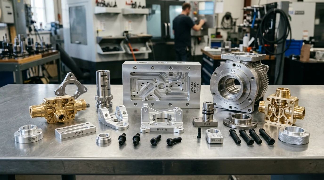 Peças metálicas usinadas em CNC, incluindo blocos complexos de alumínio e válvulas de latão, sobre bancada de indústria.