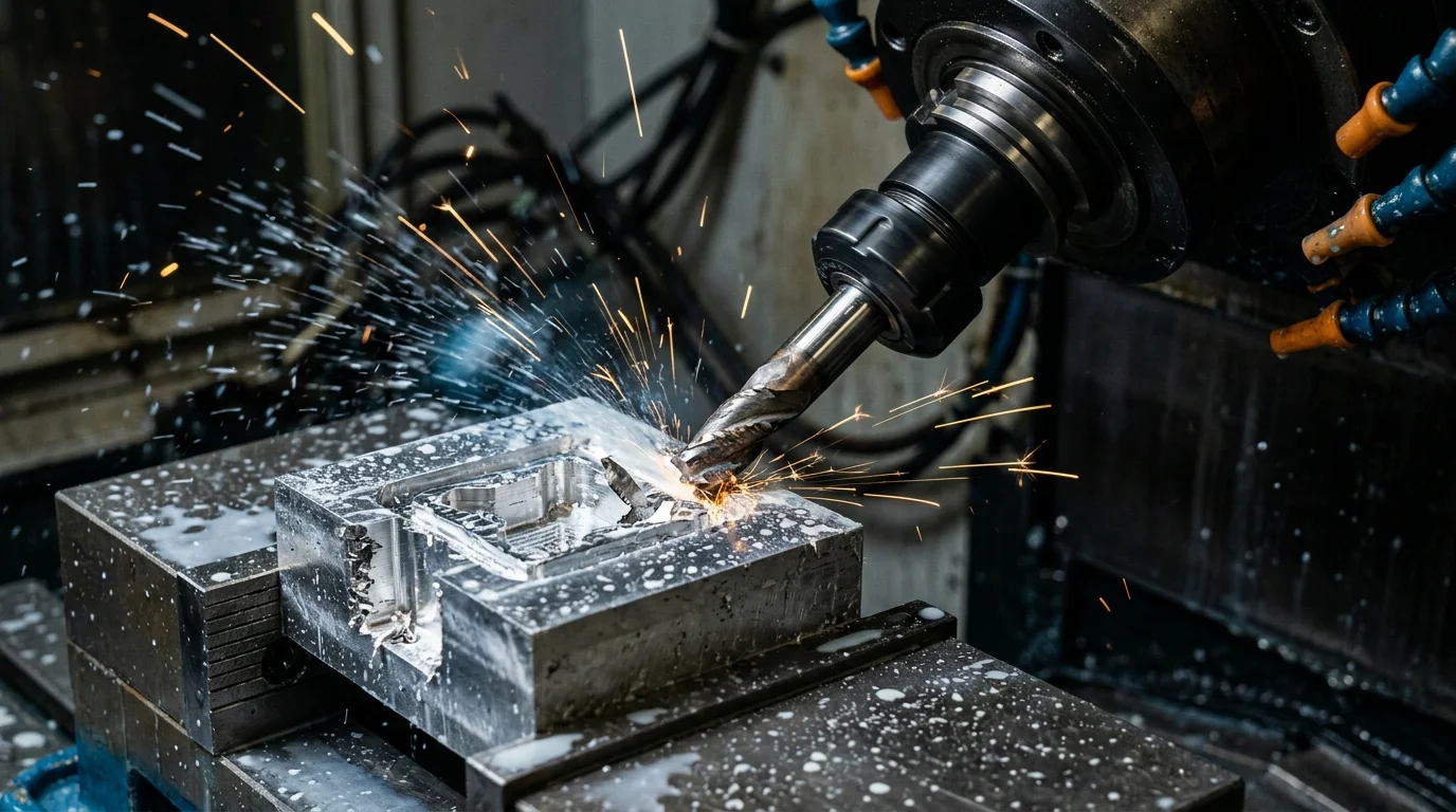 Fresa CNC trabalhando em bloco metálico, criando ranhuras com faíscas intensas e respingos de fluido.