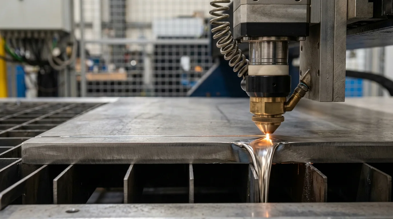 Cabeça de corte a laser industrial processando chapa metálica espessa, com feixe luminoso e metal incandescente escorrendo.