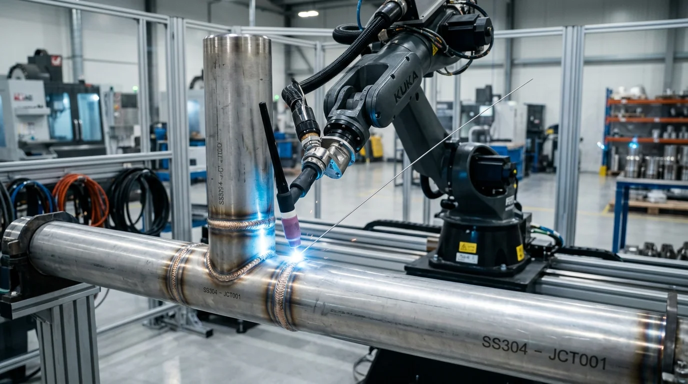 Braço robótico KUKA soldando tubos de aço inoxidável SS304 em formato T com solda TIG, em ambiente de caldeiraria industrial.