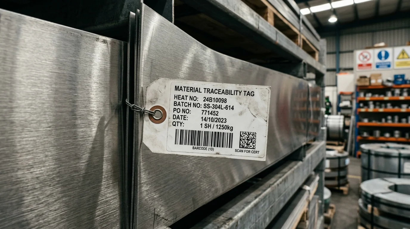 Pilha de chapas de metal escovado com etiqueta de rastreabilidade visível, incluindo lote e data, em armazém de usinagem.