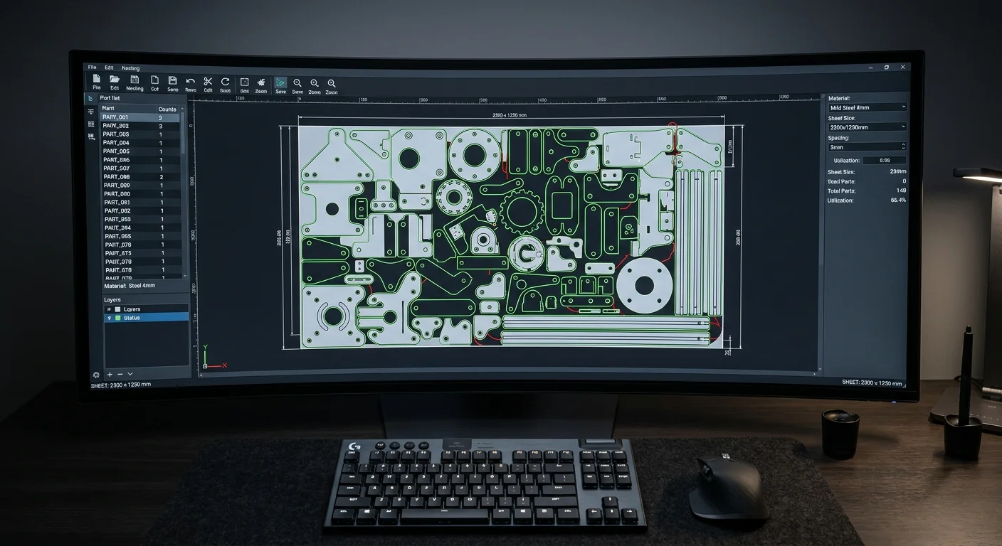 Monitor curvo com software CAD exibe peças de metal aninhadas para corte a laser, detalhando chapa e utilização de material.