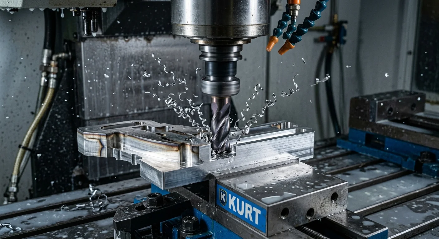 Usinagem industrial de peça metálica em máquina CNC, com fresa gerando cavacos brilhantes.