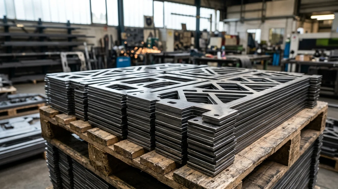 Pilha de peças metálicas cortadas a laser com design geométrico, sobre pallet em chão de fábrica.