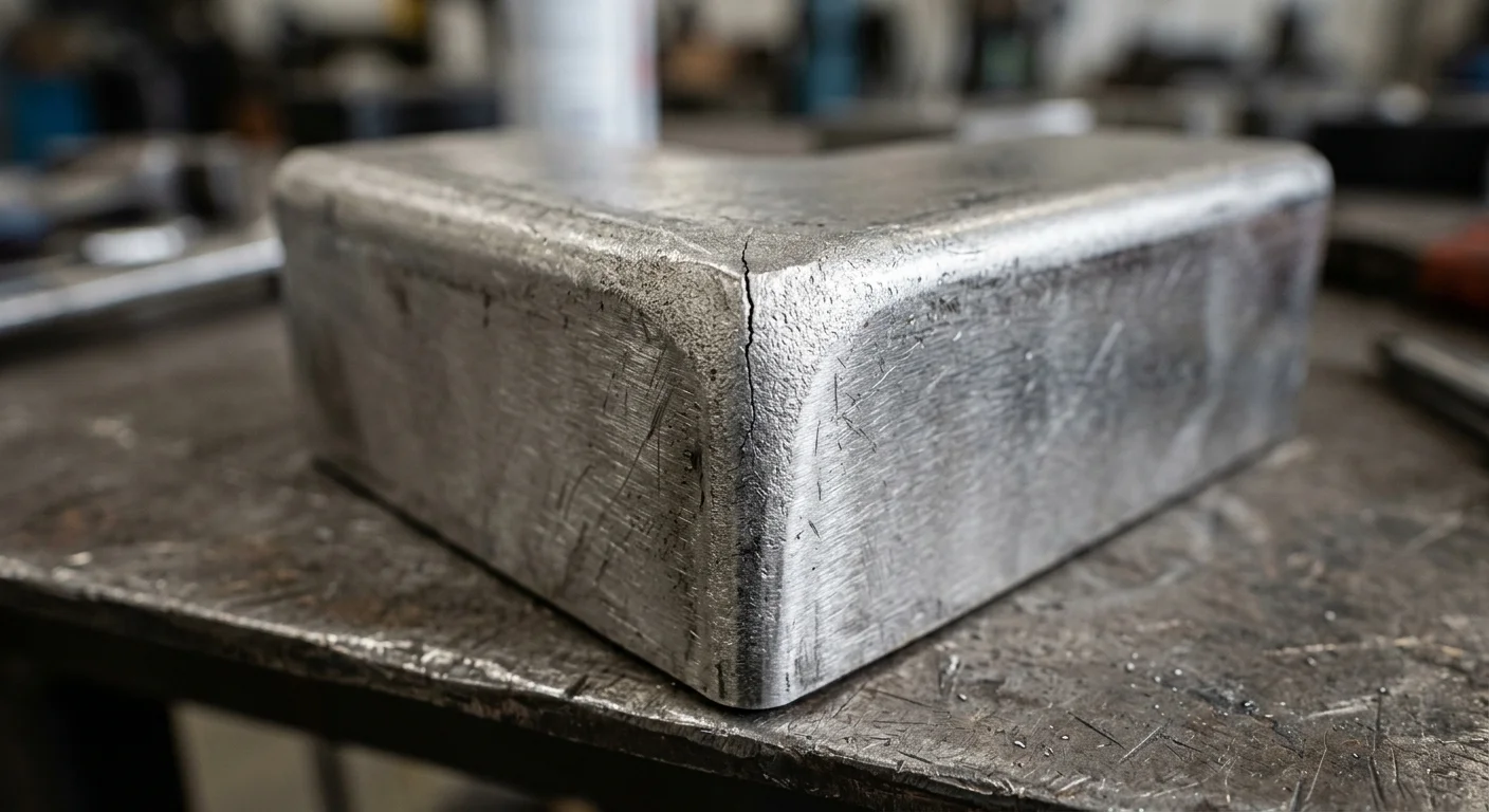 Dobra de inox escovado com trinca acentuada na curva externa, em ambiente de usinagem.