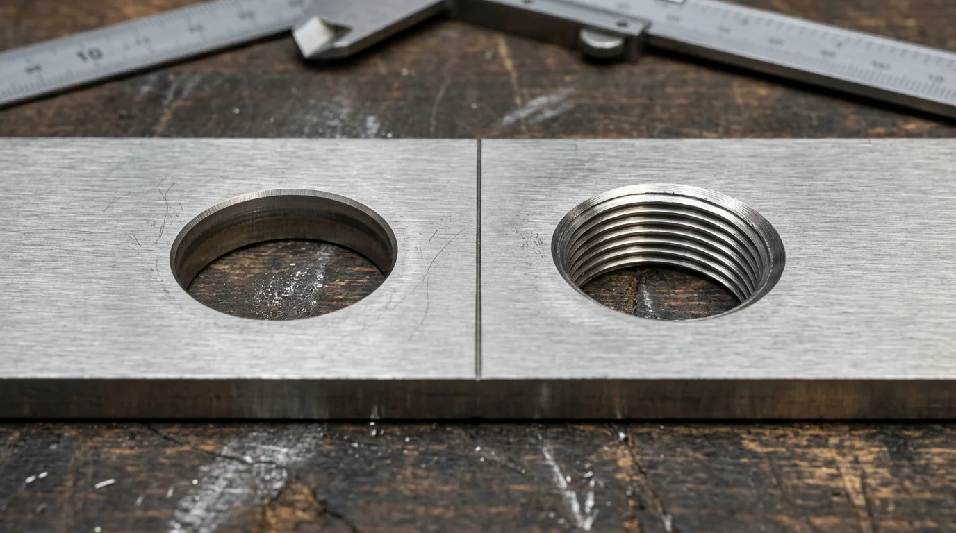 Furo liso e furo com rosca interna em duas peças de metal escovado, comparando acabamentos de usinagem. Ferramenta de medição ao fundo.