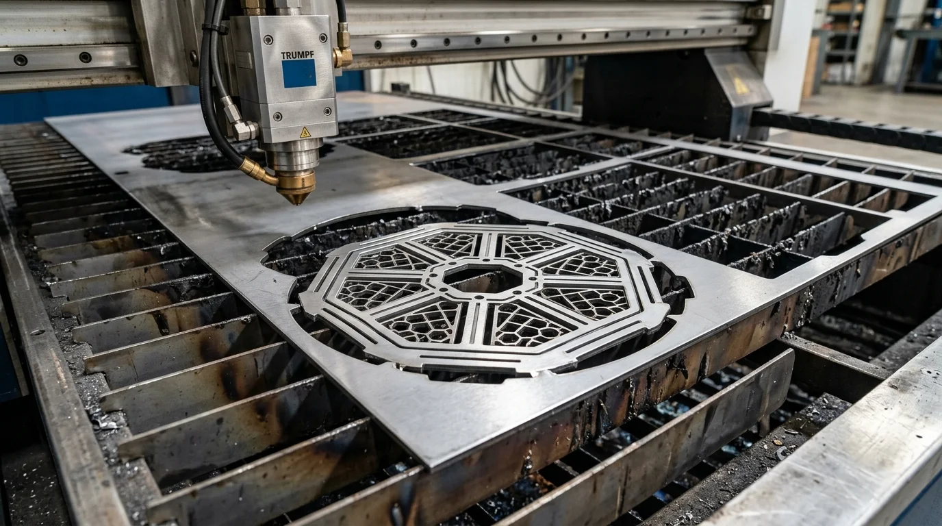 Máquina de corte a laser Trumpf trabalhando em chapa de metal. Uma peça octogonal vazada com padrões intrincados está cortada na mesa.