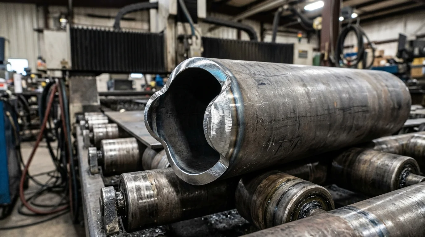 Tubo metálico com corte a laser de contorno ondulado e preciso, sobre roletes de transporte em ambiente industrial de fabricação.