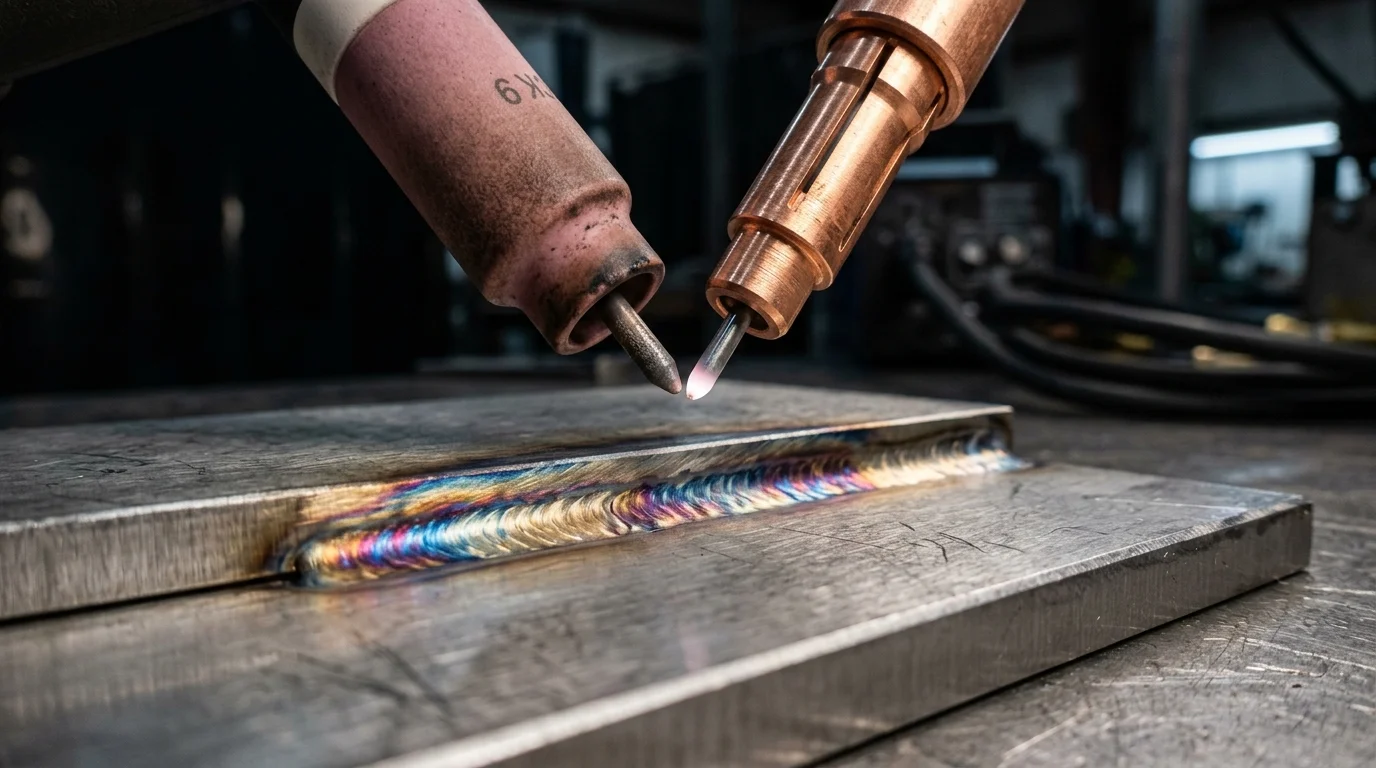 Eletrodo de solda TIG com arco aceso sobre cordão de solda iridescente em chapa de metal, em ambiente de caldeiraria.