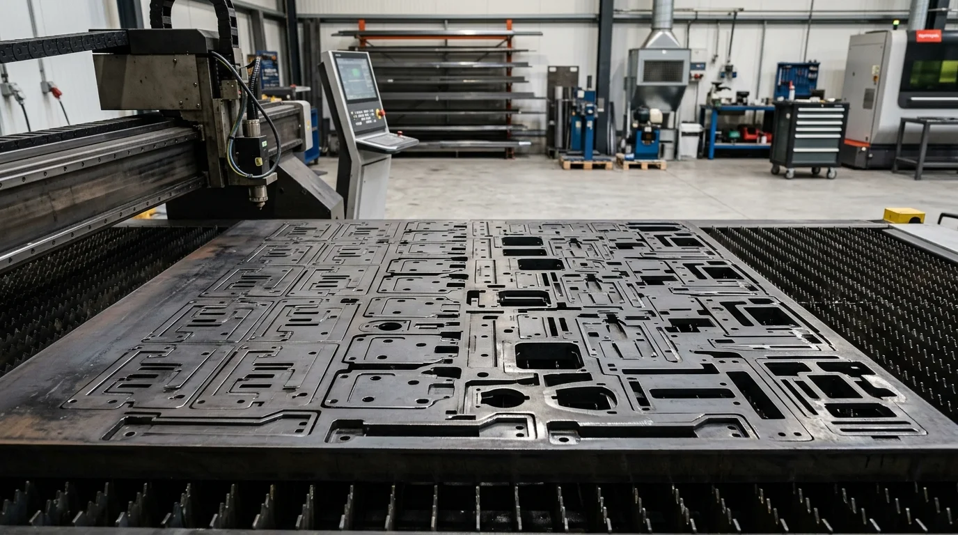 Grande chapa de metal escuro com recortes complexos de componentes, posicionada em uma máquina de corte a laser industrial.