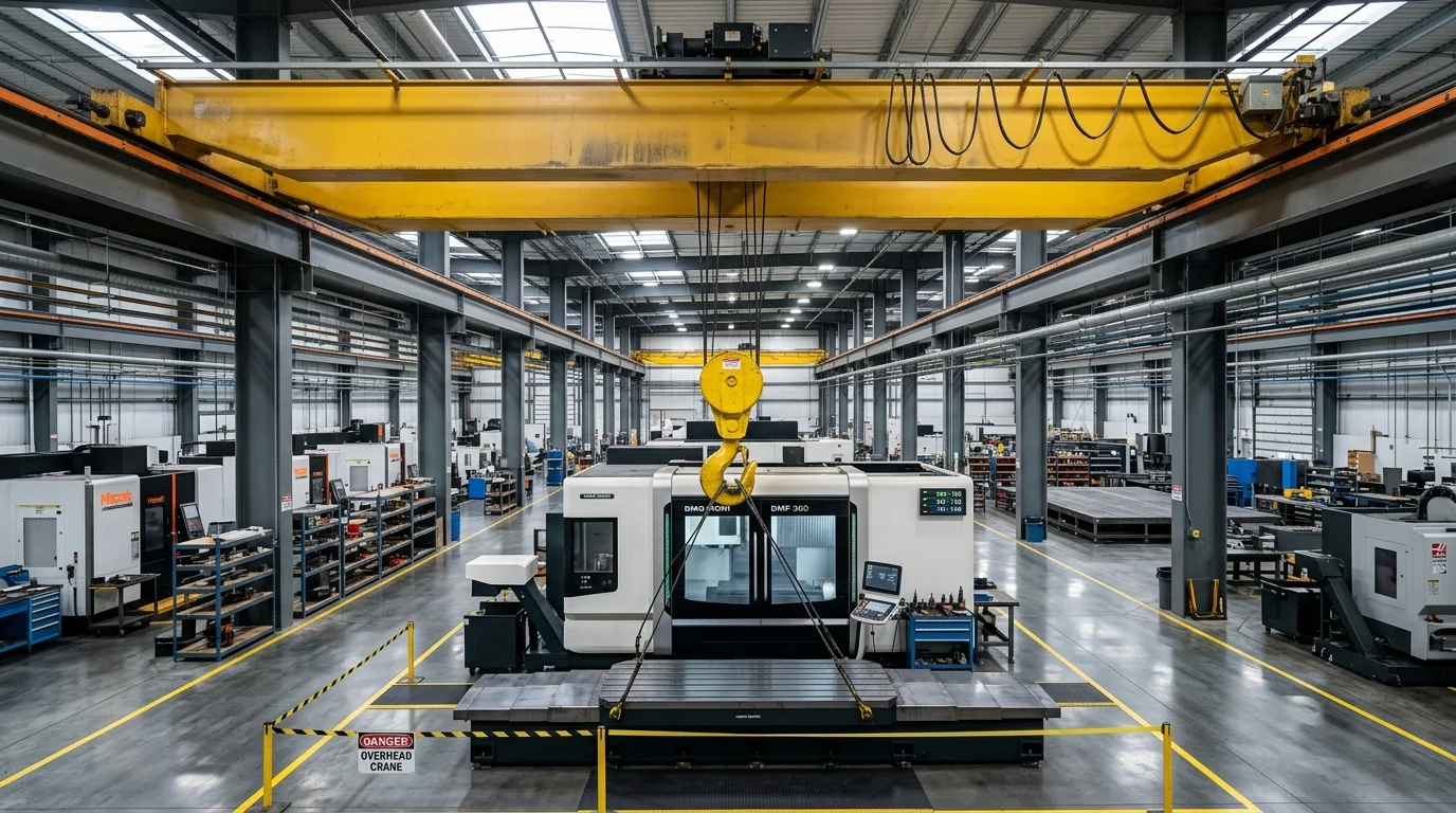 Interior de fábrica de usinagem com guindaste aéreo amarelo movimentando grande peça metálica ou mesa para máquina CNC de metais.