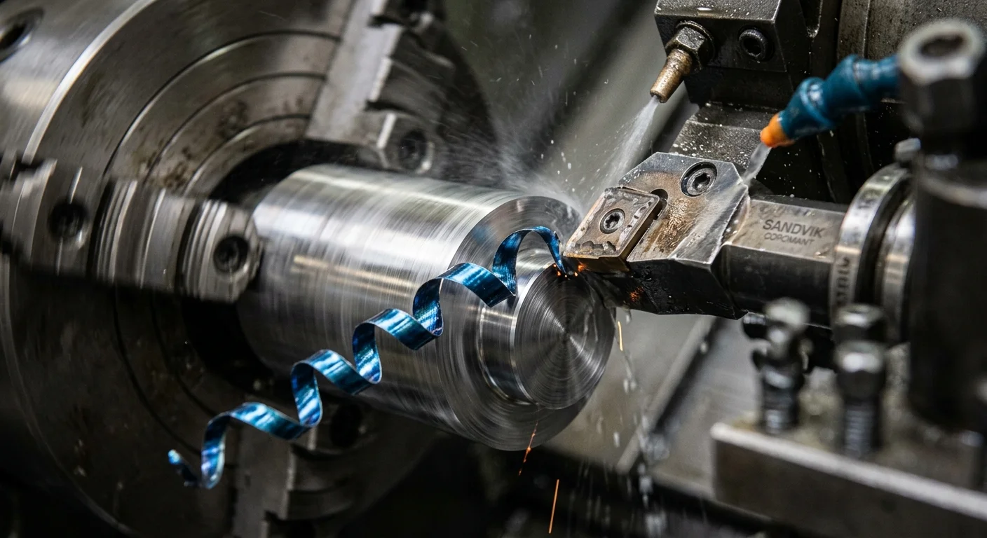 Peça cilíndrica de metal sendo usinada em torno, com ferramenta de corte formando cavacos azuis e jatos de fluido.