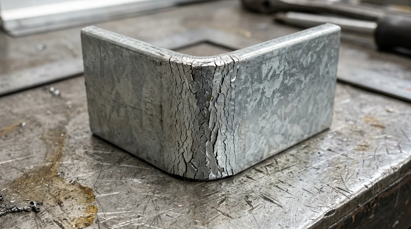 Chapa galvanizada dobrada a 90 graus com revestimento de zinco craquelado na dobra, sobre bancada industrial.