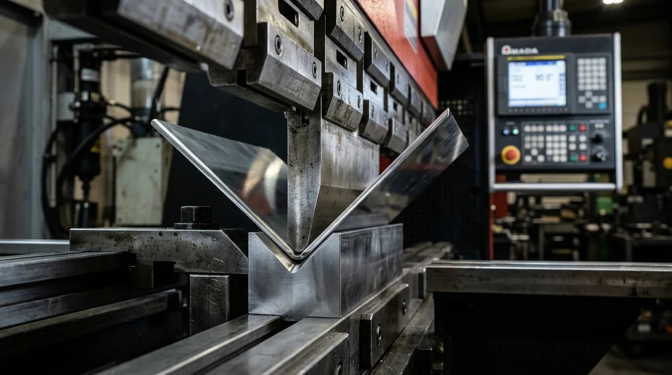 Dobradeira industrial Amada em operação, curvando uma chapa de metal brilhante em V.