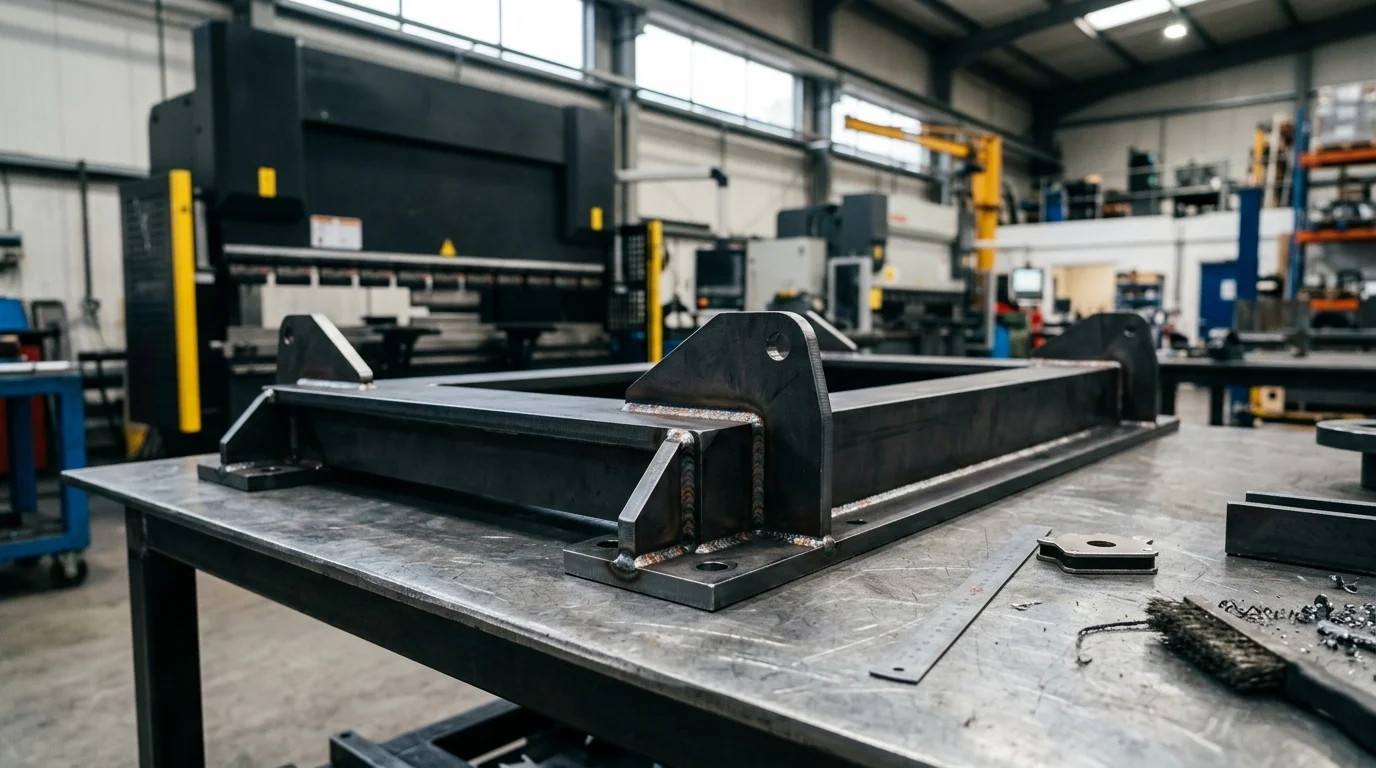 Estrutura metálica soldada sobre mesa de trabalho. Oficina industrial com máquinas de dobra e usinagem ao fundo.