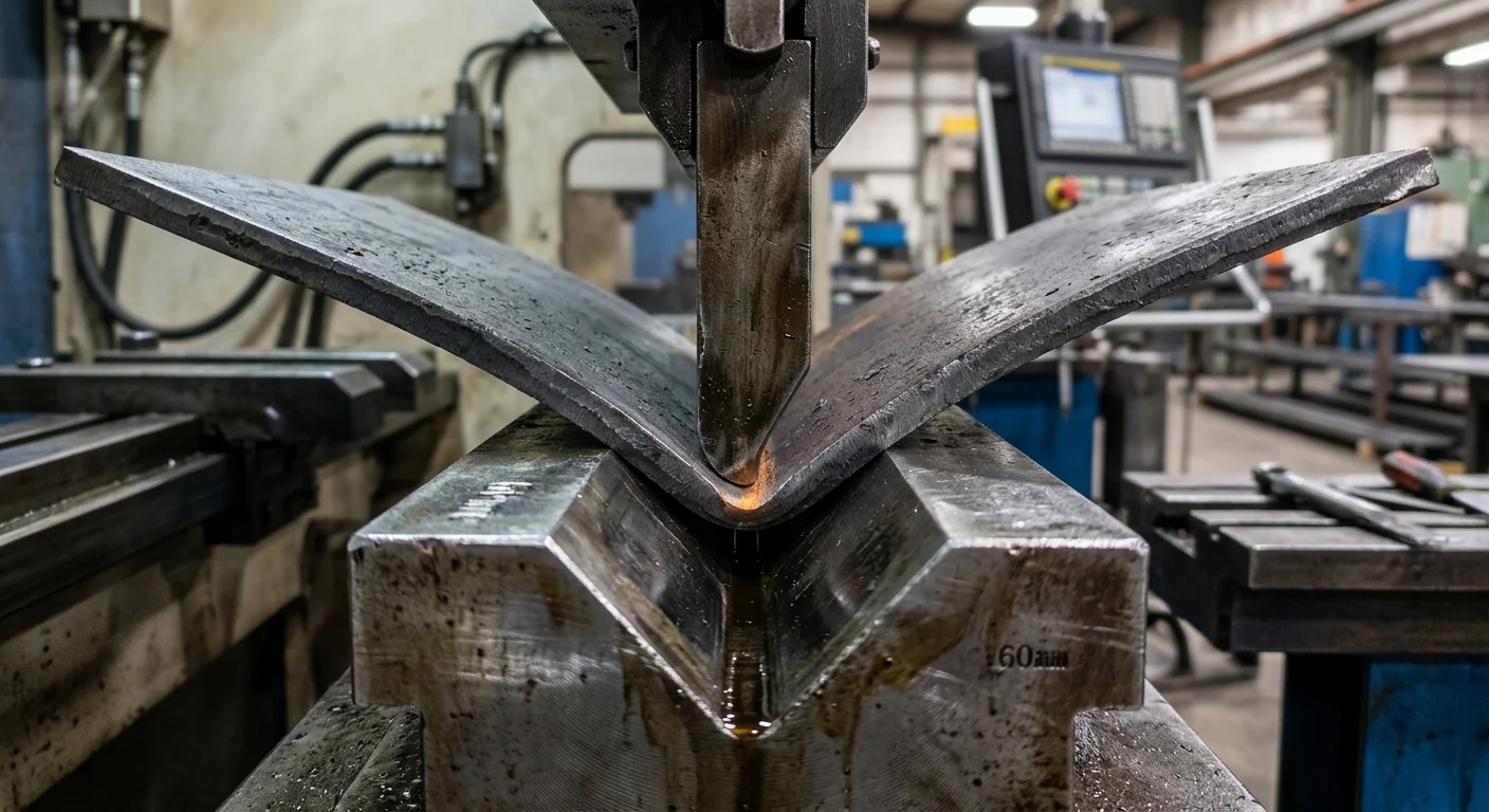 Dobra de chapa metálica espessa em prensa industrial, com punção e matriz formando o raio.