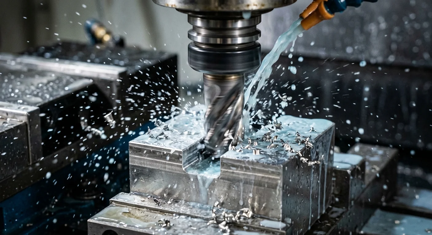 Fresa CNC em ação, cortando um bloco de metal enquanto um jato de líquido refrigerante espalha cavacos.